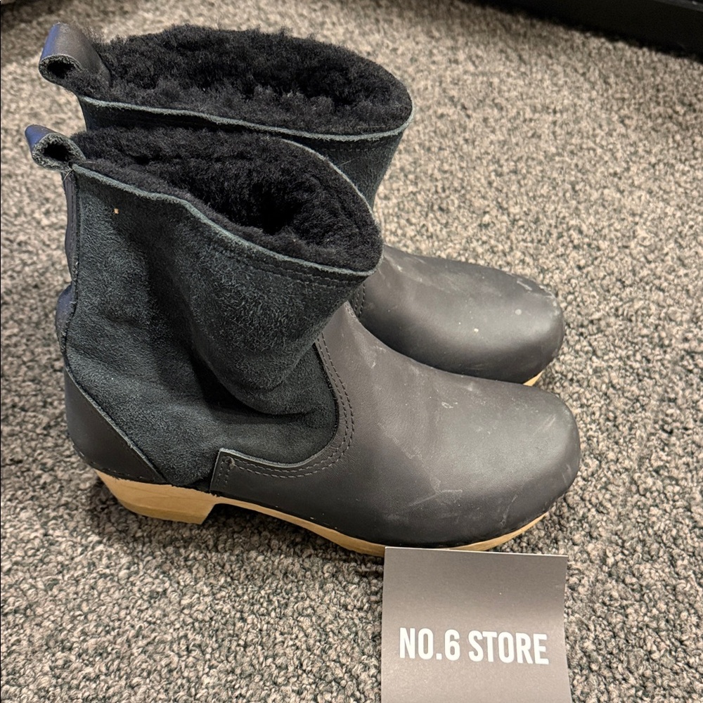 No. 6 black Suede and Leather Clog Boots with Wood-Look Heel